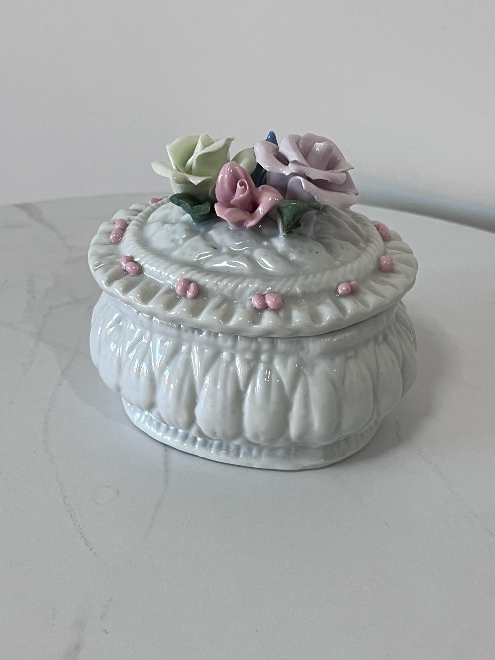 Porcelain Floral Trinket Box - White with Pink and Pastel Flowers